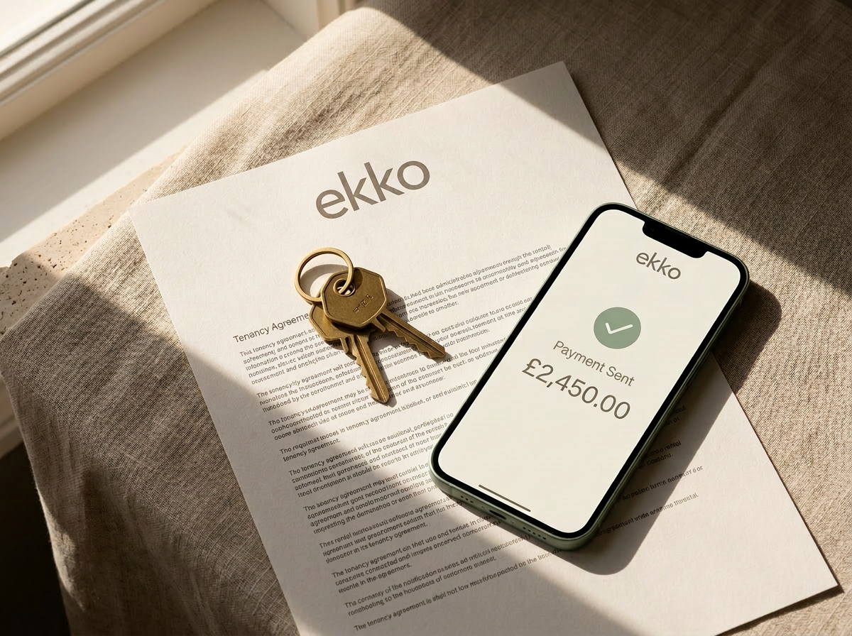 Set of brass keys on an Ekko tenancy agreement next to a phone showing 'Payment Sent £2,450.00'