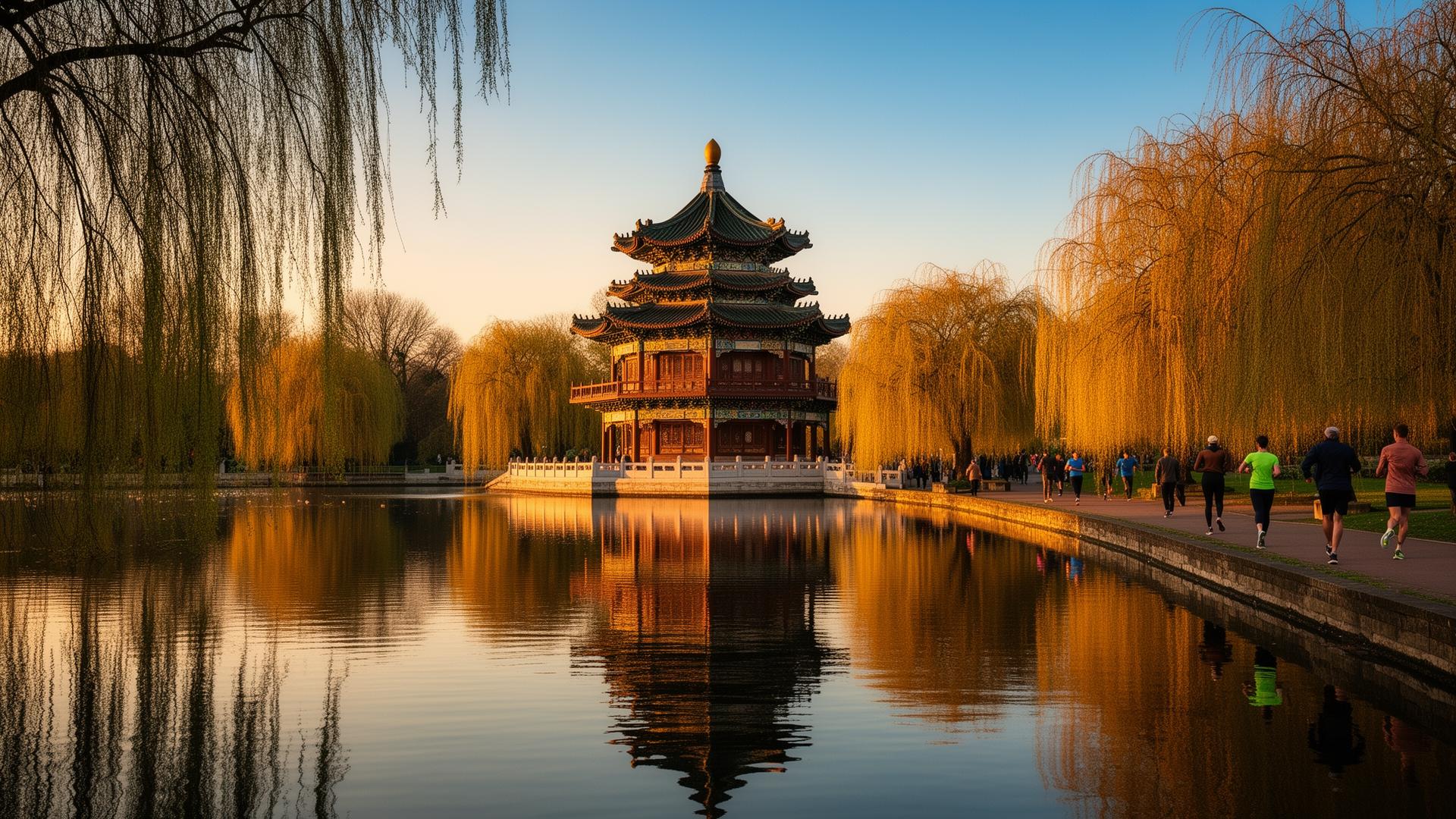 The Chinese Pagoda on the lake in Victoria Park, Hackney, East London — ornamental pagoda reflected in calm water at golden hour with willow trees