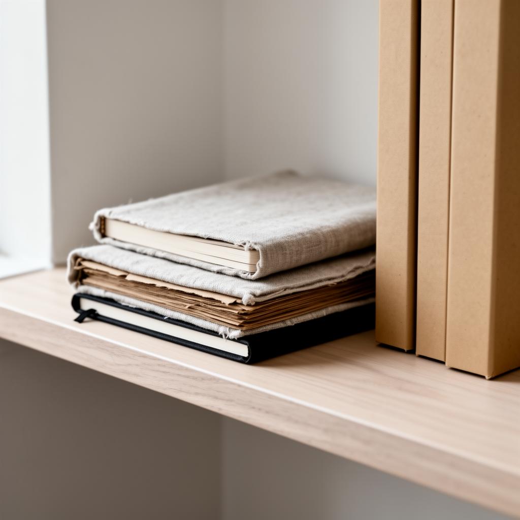 Colour photograph of well-used leather and cloth notebooks stored amongst file folders on a wooden shelf — accumulated experience and records