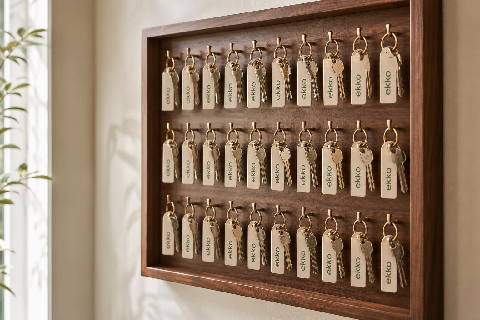 Walnut key board lined with rows of keys, each on a cream leather Ekko-branded keyring — properties entrusted to Ekko