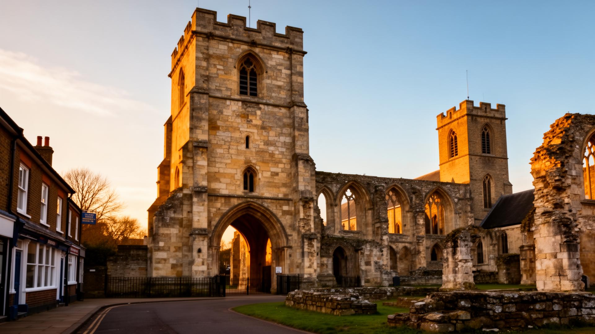 Barking Abbey Curfew Tower and ruins beside St Margaret's Church, Barking town centre, London Borough of Barking and Dagenham — medieval stone gateway at golden hour