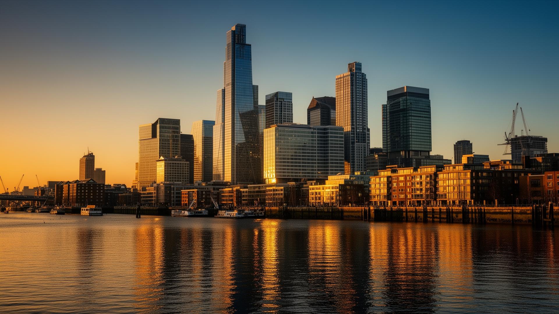 Canary Wharf skyline at golden hour viewed from the Isle of Dogs, Tower Hamlets, East London — modern skyscrapers reflected in the Thames