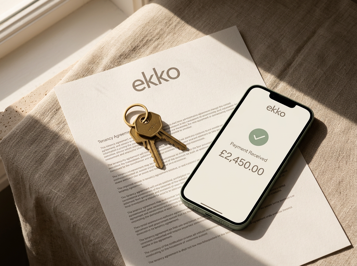 Ekko tenancy agreement with brass keys and a phone showing rent payment received