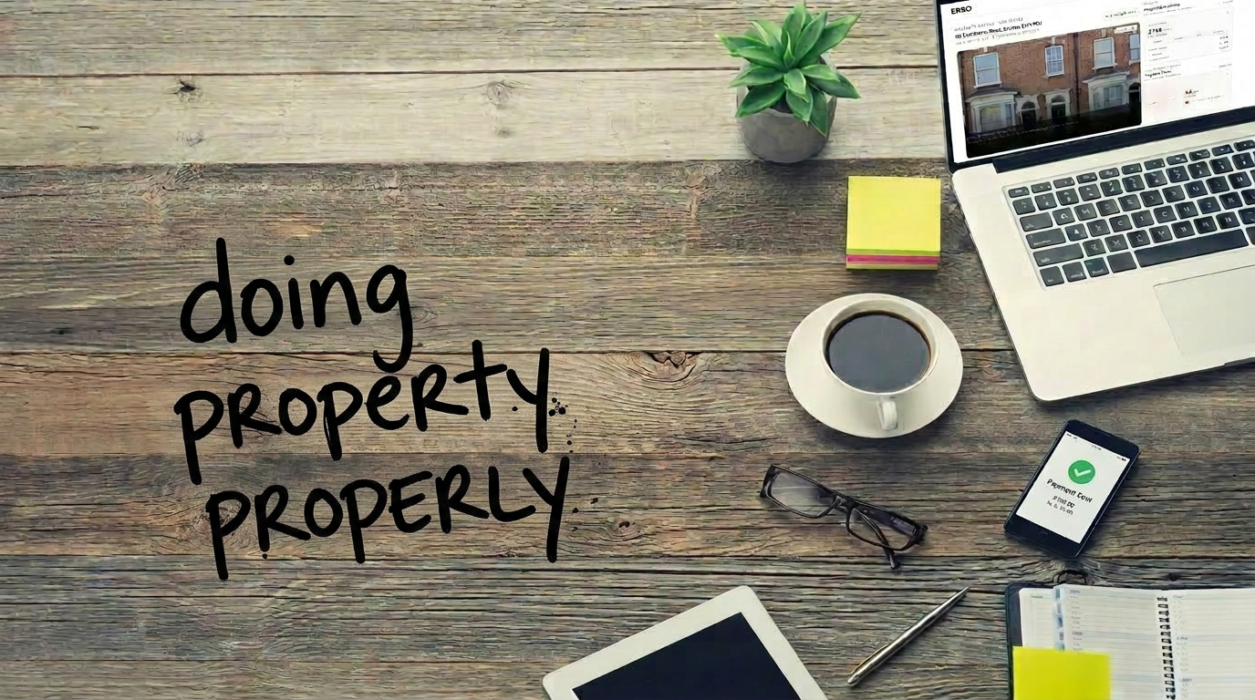 Ekko desk with 'doing property properly' etched into the wood and the property management dashboard on the laptop