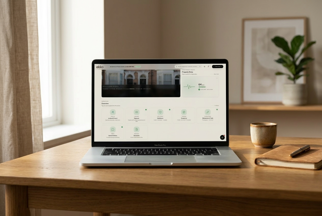 Laptop showing an ekko compliance dashboard with all status indicators green