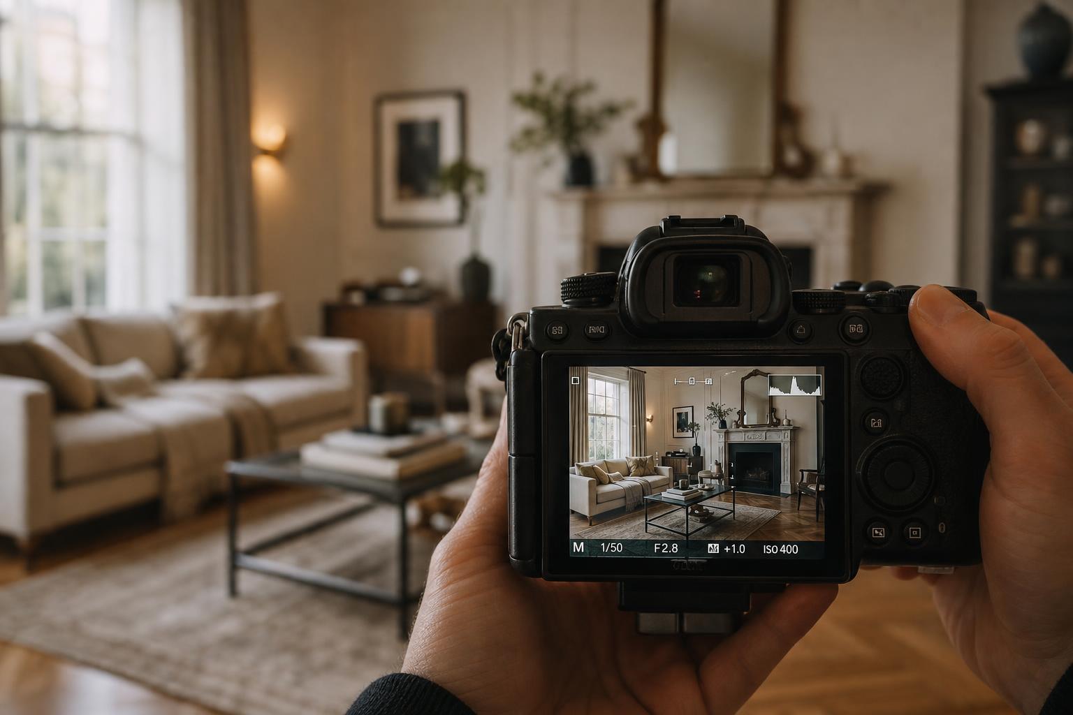Professional photographer capturing an elegant East London living room, view through the camera's LCD screen