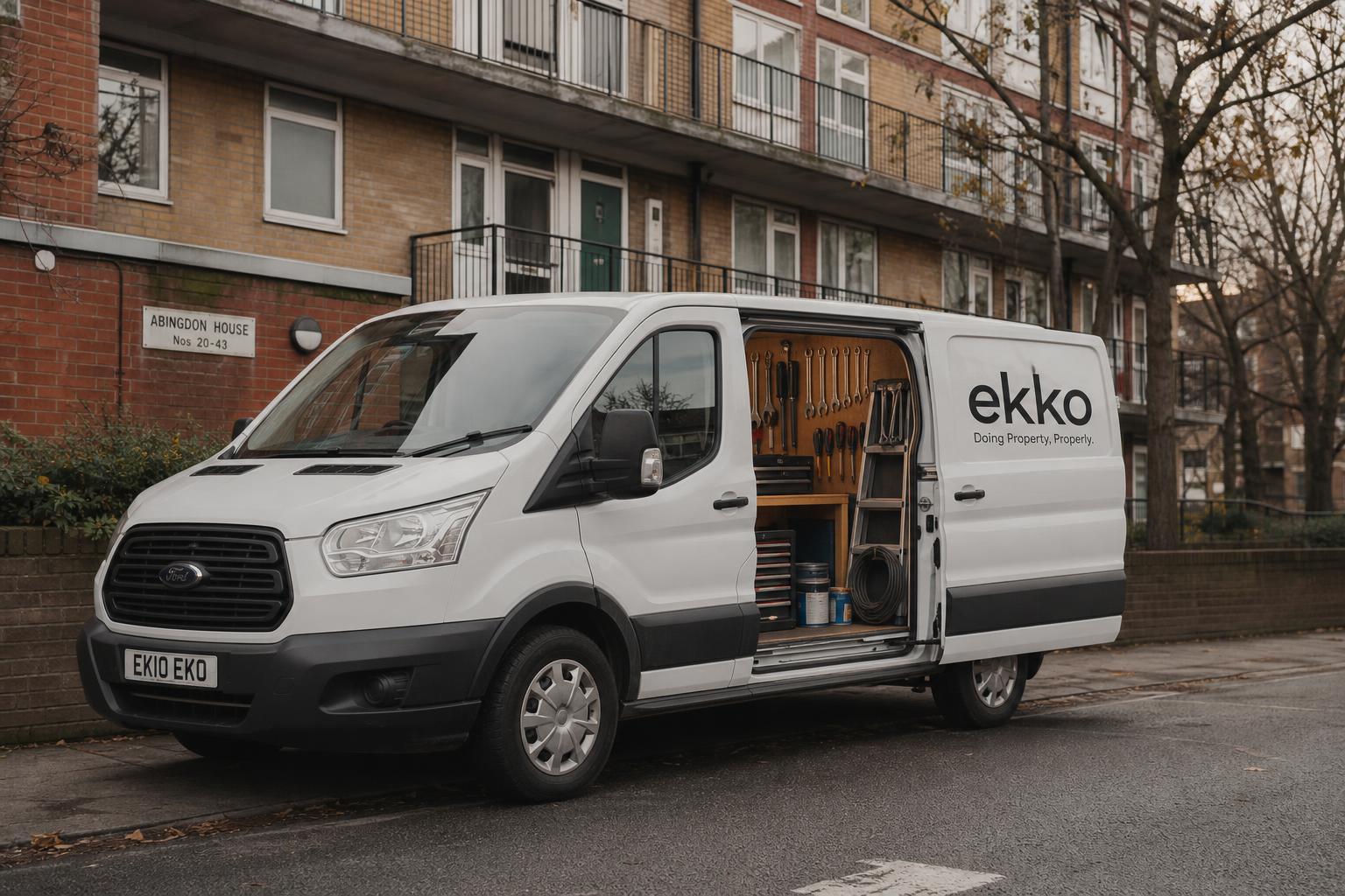 Ekko-branded maintenance van with side door open and tools visible, parked outside an East London townhouse